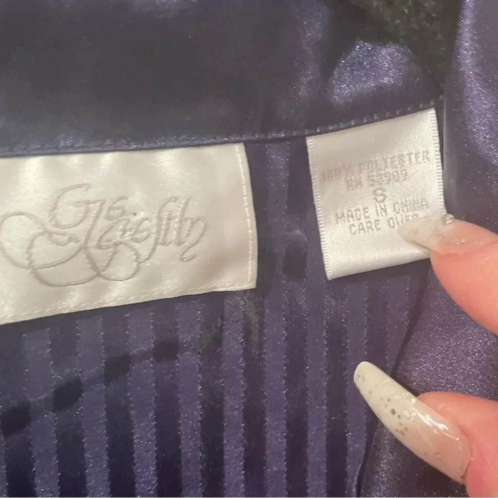 SATIN BLUE JACQUARD SEMI SHEER OVERSIZED BUTTON UP COLLARED SLEEP SHIRT SIZE S - Picture 15 of 16